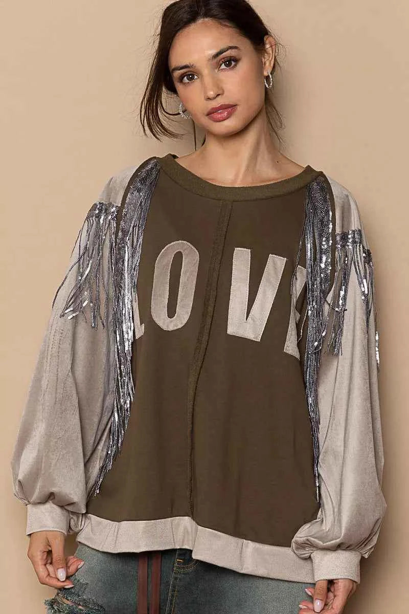 POL Balloon Sleeve French Terry Sweatshirt with Sequin Tassel OLIVE BEIGE 5a2df7fe-d002-4bb7-b70d-9a7b41c986c8-Max-Origin