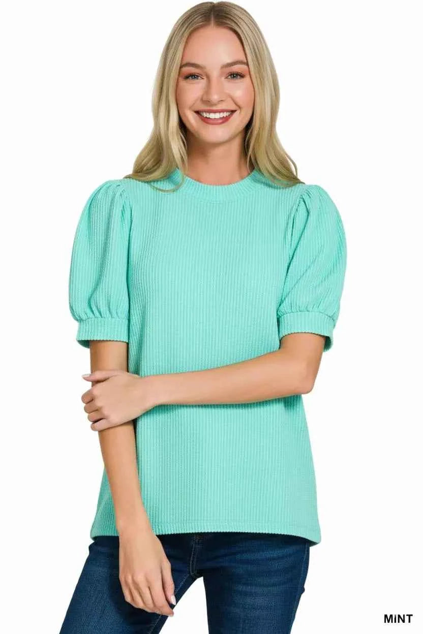 Zenana Raised Rib Puff Sleeve Top MINT 5a31142d-a4f5-45f6-b753-e38d5c524f74-Max-Origin