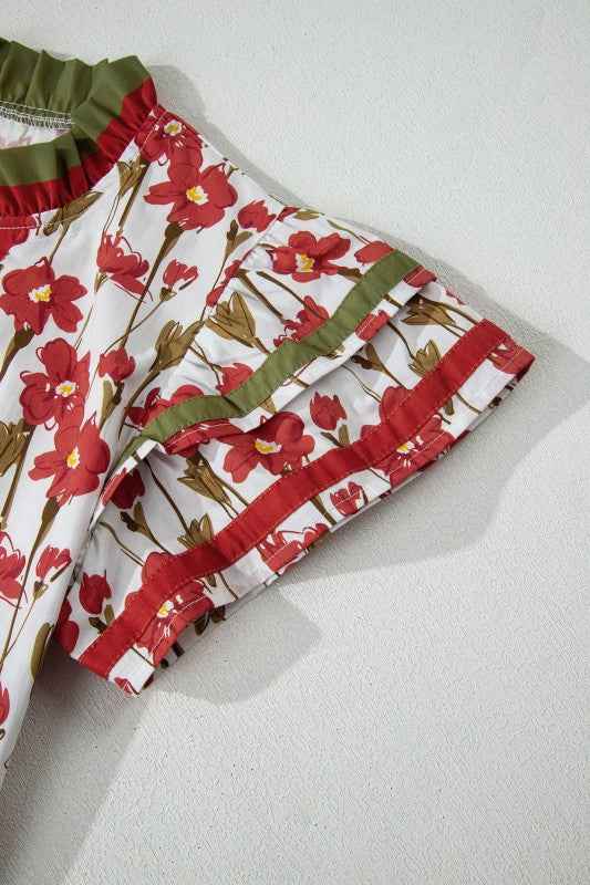 Floral Contrast V-Neck Ruffle Short Sleeve Blouse 5a324af4-263f-46c8-bfca-e6efad9f6ccb