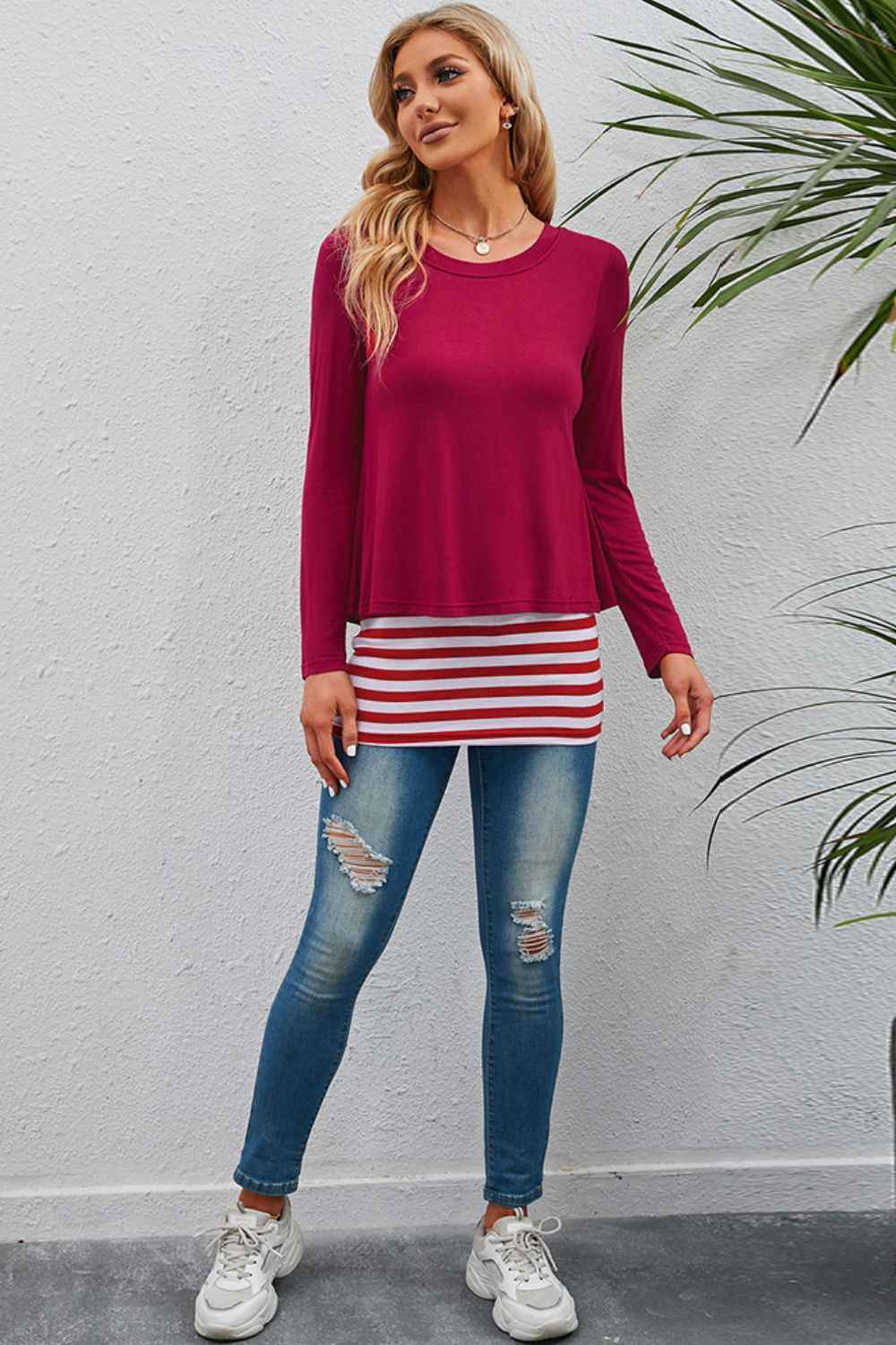 Full Size Striped Faux Layered Long Sleeve Top 5a3b7021ffd643d38622c6335d0727b4-Max