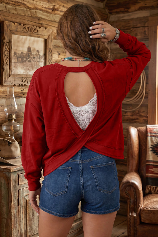 Racing Red Ribbed Detail Drop Shoulder Cutout Back Sweatshirt 5a3ebb508fbdc201