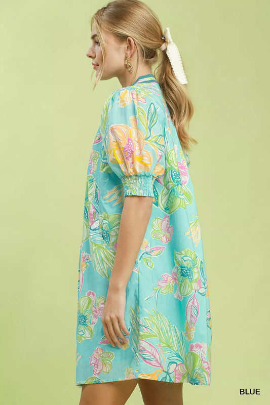 Botanical Print Dress with Smocked Cuffs 5a3ef252-981e-4657-beec-f8140951b1a5-Max-Origin