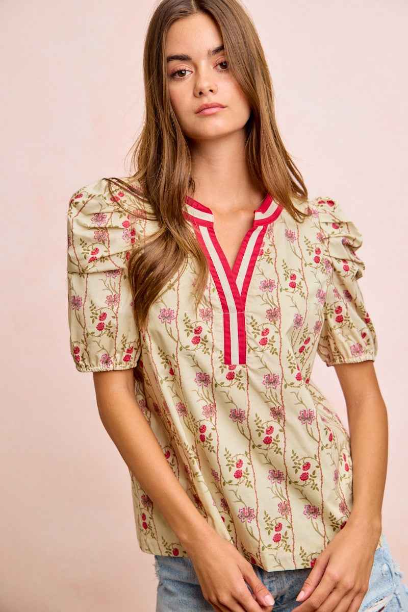 BiBi Floral Gather Sleeves Contrast Neckband Blouse Top 5a4112637e17448e9230d55c9d398434-Max