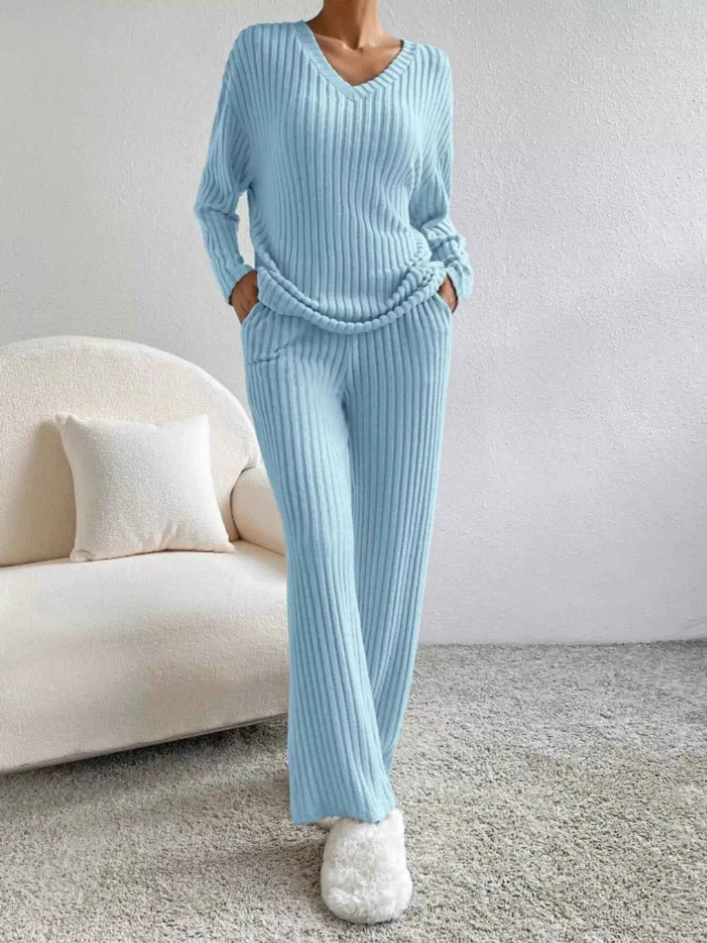 Ribbed Knit Long Sleeve Top and Pants Set 5a43d70086564ee3a2c8a766c3589a3e-Max-Origin