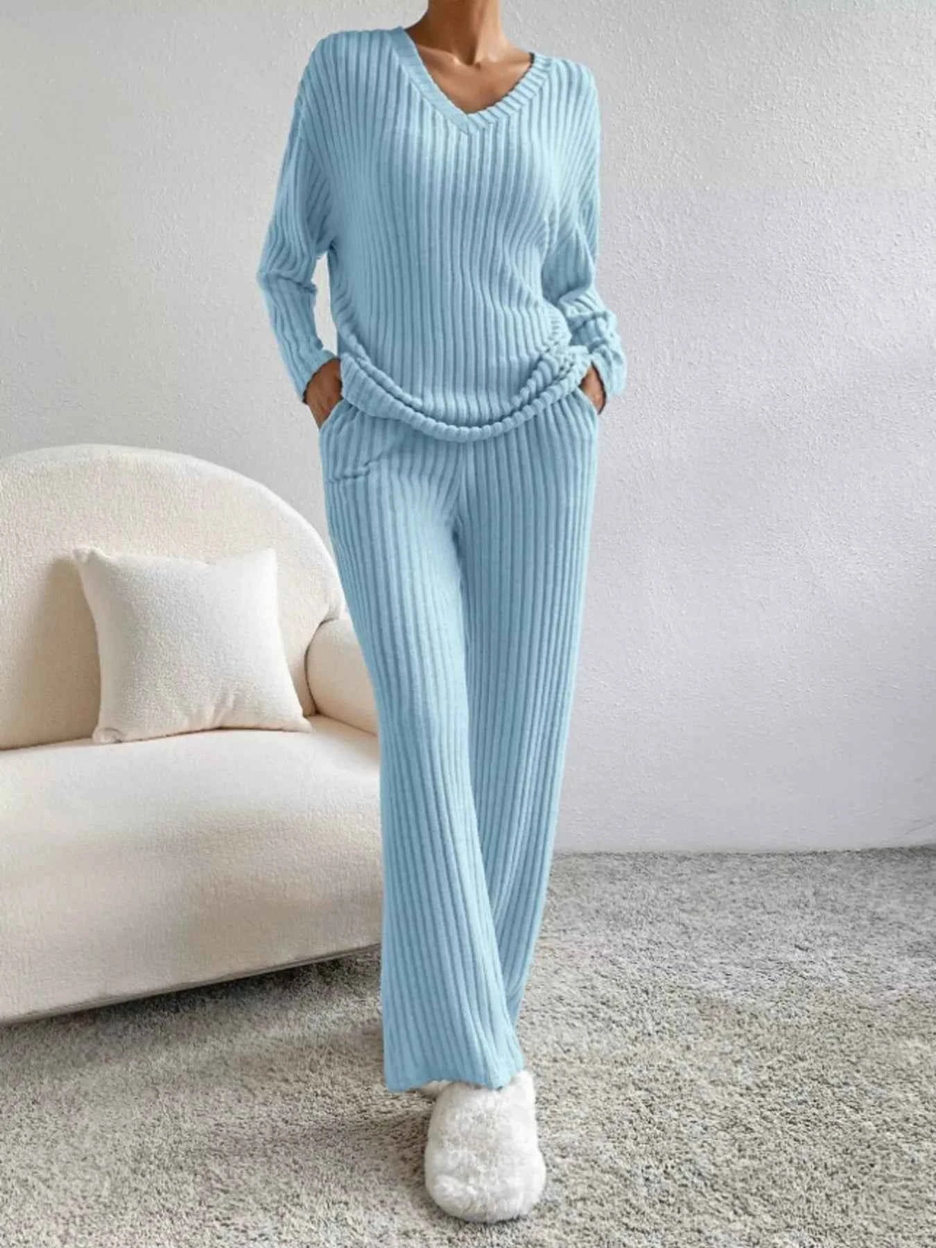 Ribbed Knit Long Sleeve Top and Pants Set 5a43d70086564ee3a2c8a766c3589a3e-Max-Origin