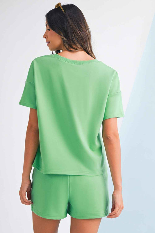 Mint Green V Neck Drop Shoulder Tee and Patchwork Shorts Set 5a47110a22fc5ef3