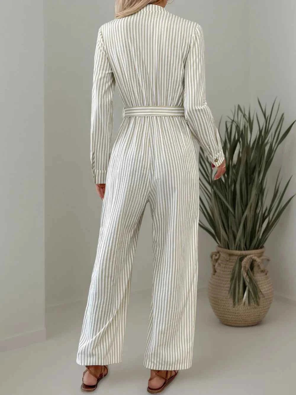 Striped Notched Long Sleeve Tie Waist Jumpsuit 5a475b17-9955-4508-bc0f-0c2e303a5992-Max