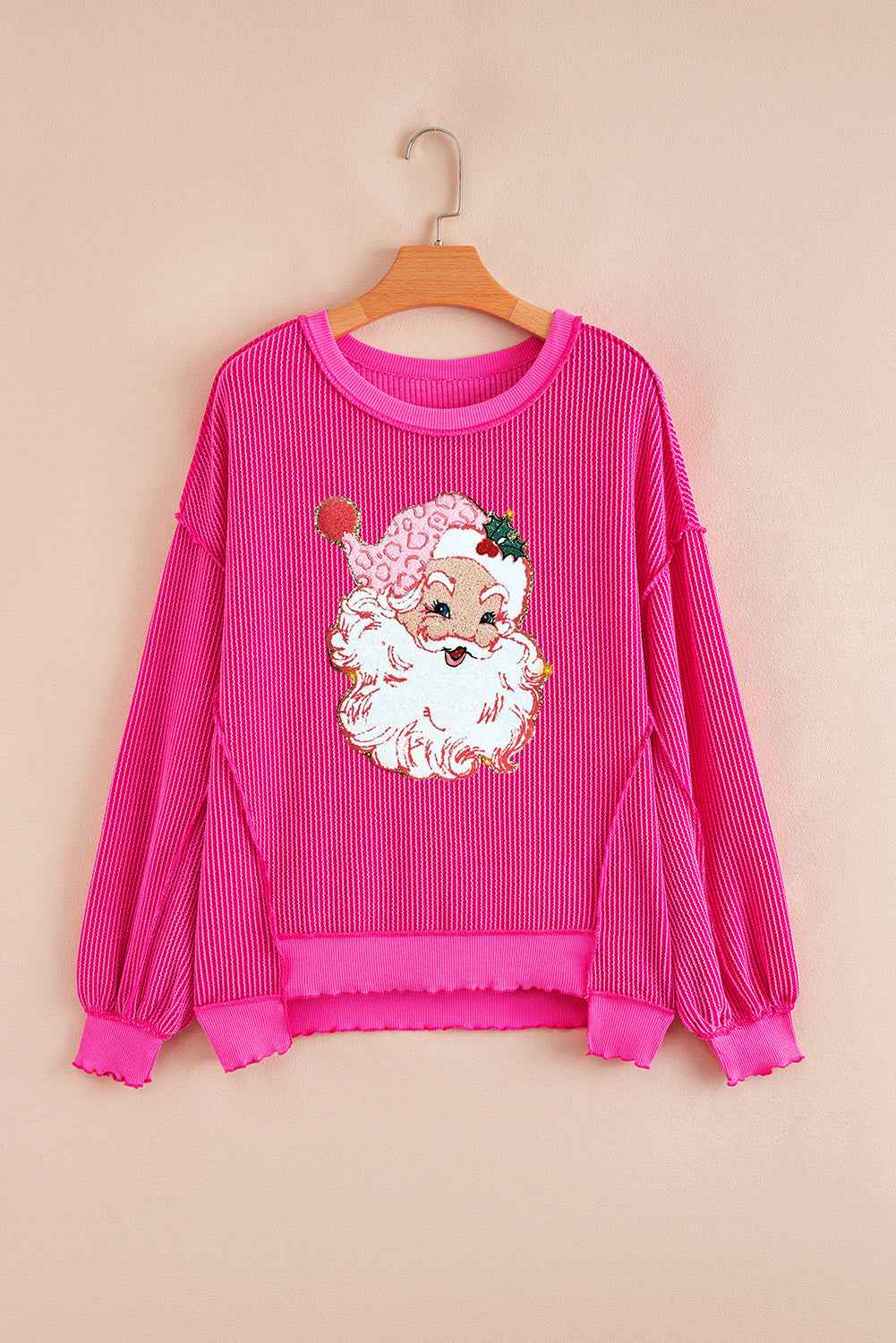 Strawberry Pink Twisted Ribbed Color Block Father Christmas Patched Graphic Long Sleeve Top 5a4a5c780b9fe3aa