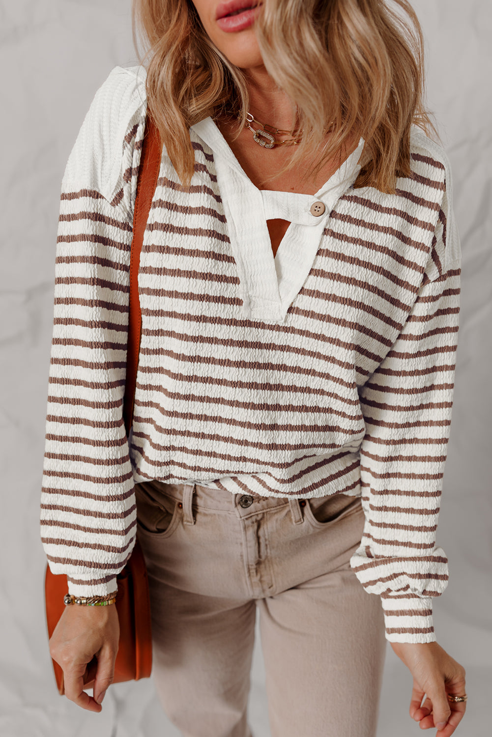 Khaki Stripe Textured Hooded Long Sleeve Top Khaki Stripe 85%Polyester+10%Viscose+5%Elastane 5a4f6e7874a5583f