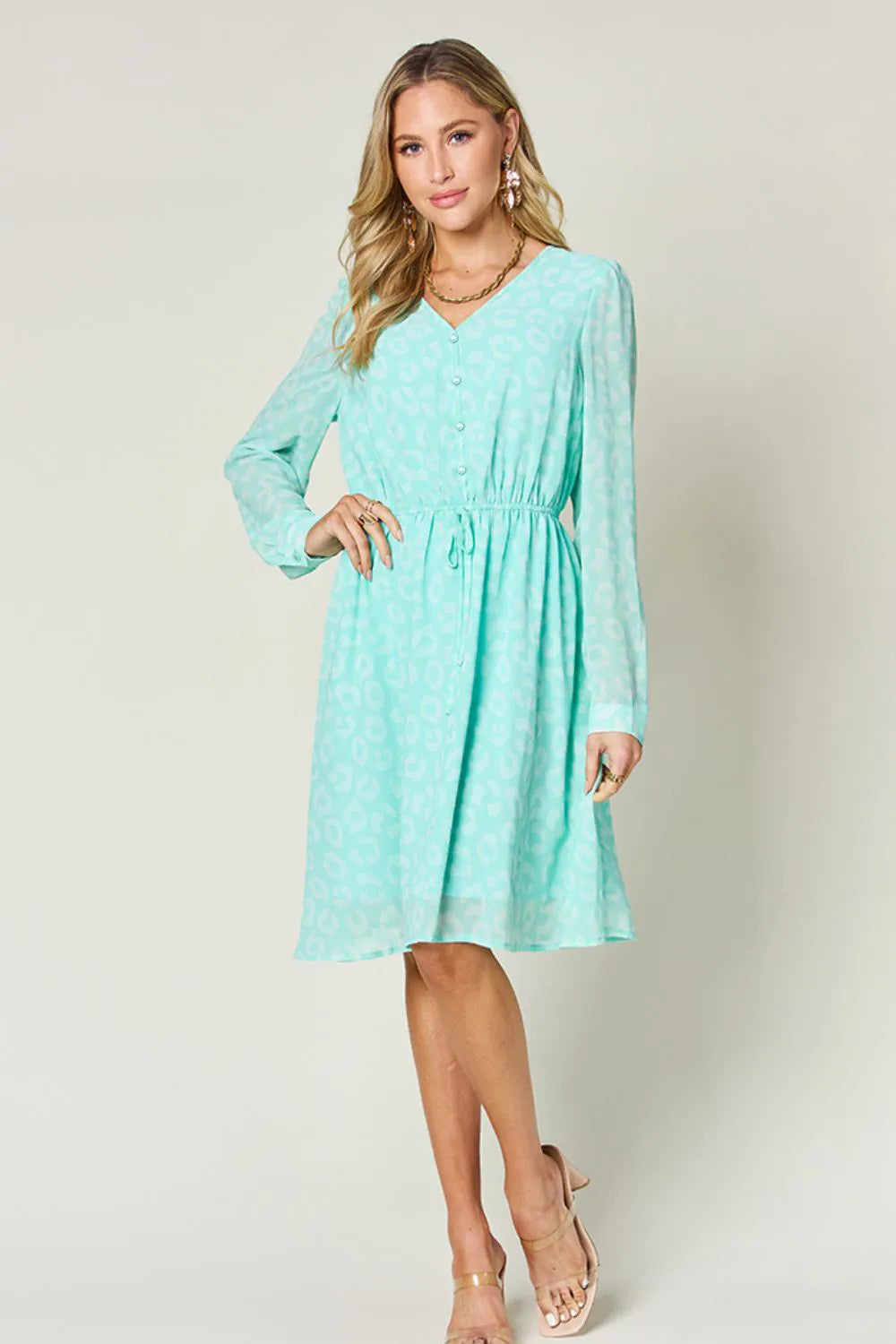 Double Take Full Size Printed Ruched V-Neck Long Sleeve Dress 5a523461-5973-4a88-b012-4f88bd1ccc36-Max