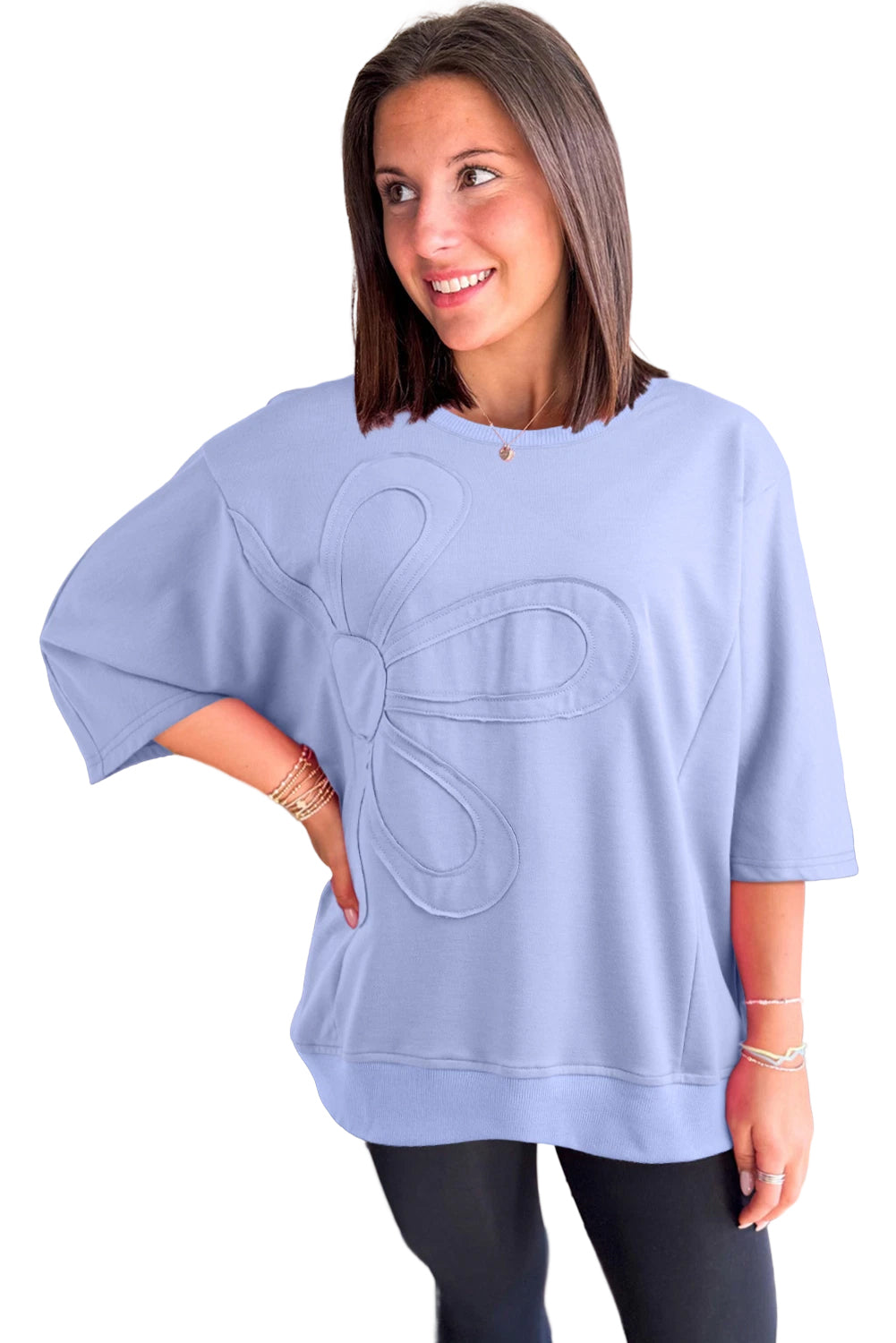 Clearly Aqua Solid Color Floral Patched Half Sleeve Tunic Top 5a52a144a9d53c89