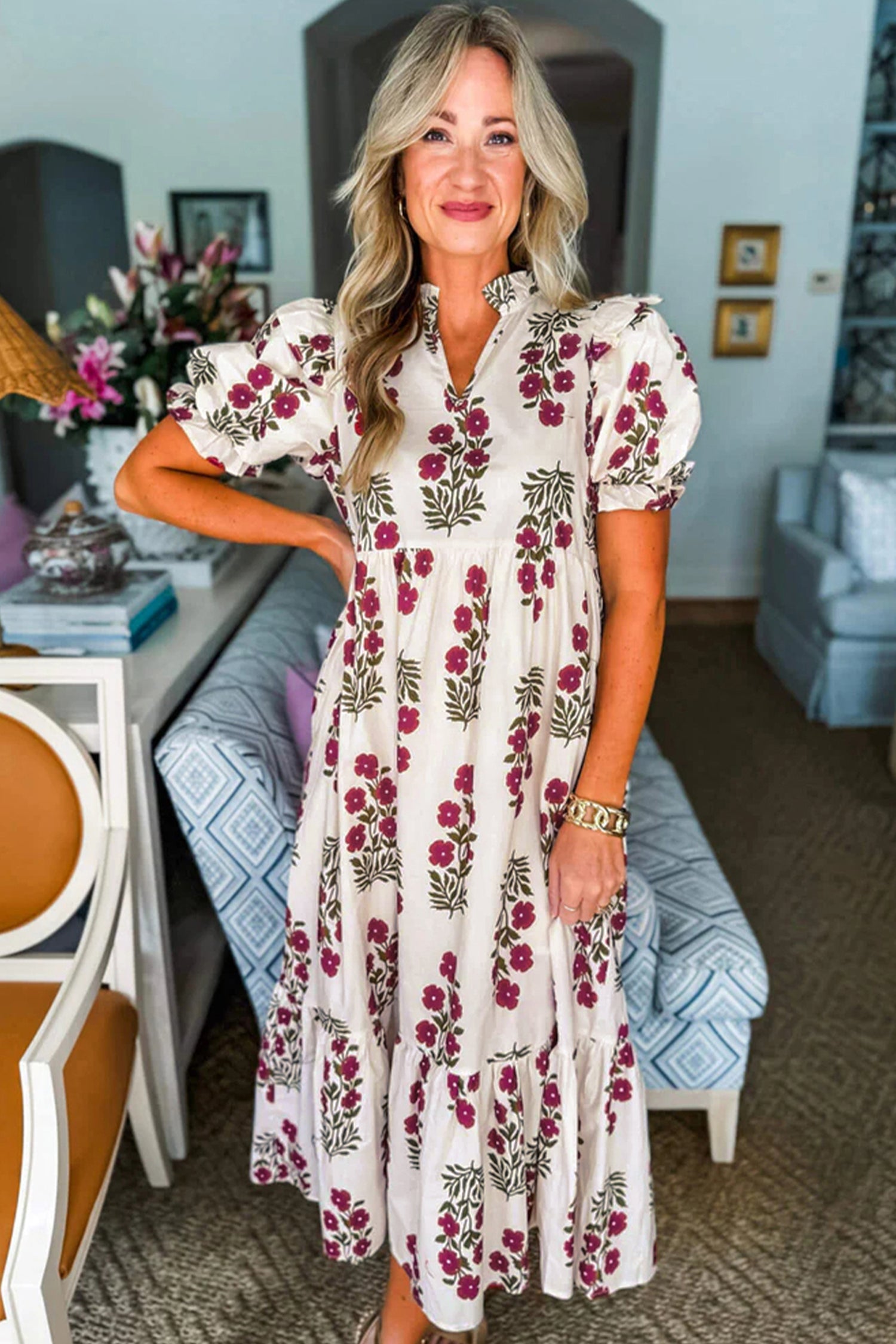 Black Floral Short Bubble Sleeve Tiered Maxi Dress 5a532f26a2a8a910
