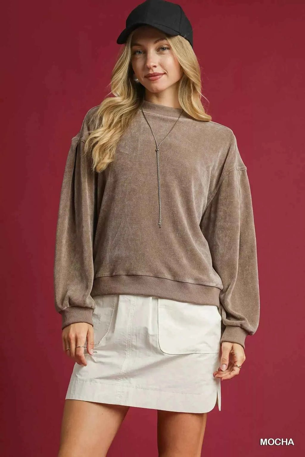 Umgee Velour Crewneck Balloon Sleeve Sweatshirt Mocha 5a5433d5-25b0-4b96-acc5-34dc2c9da597-Max-Origin