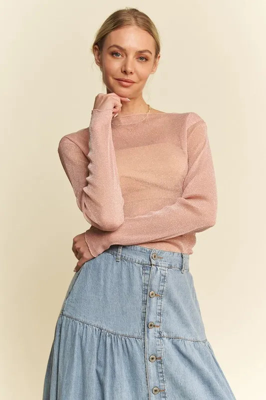 Glitter Mesh Lettuce Hem Long Sleeve Top 5a58b57a-d8c1-412e-8d85-5b81e5c7ac44-Max