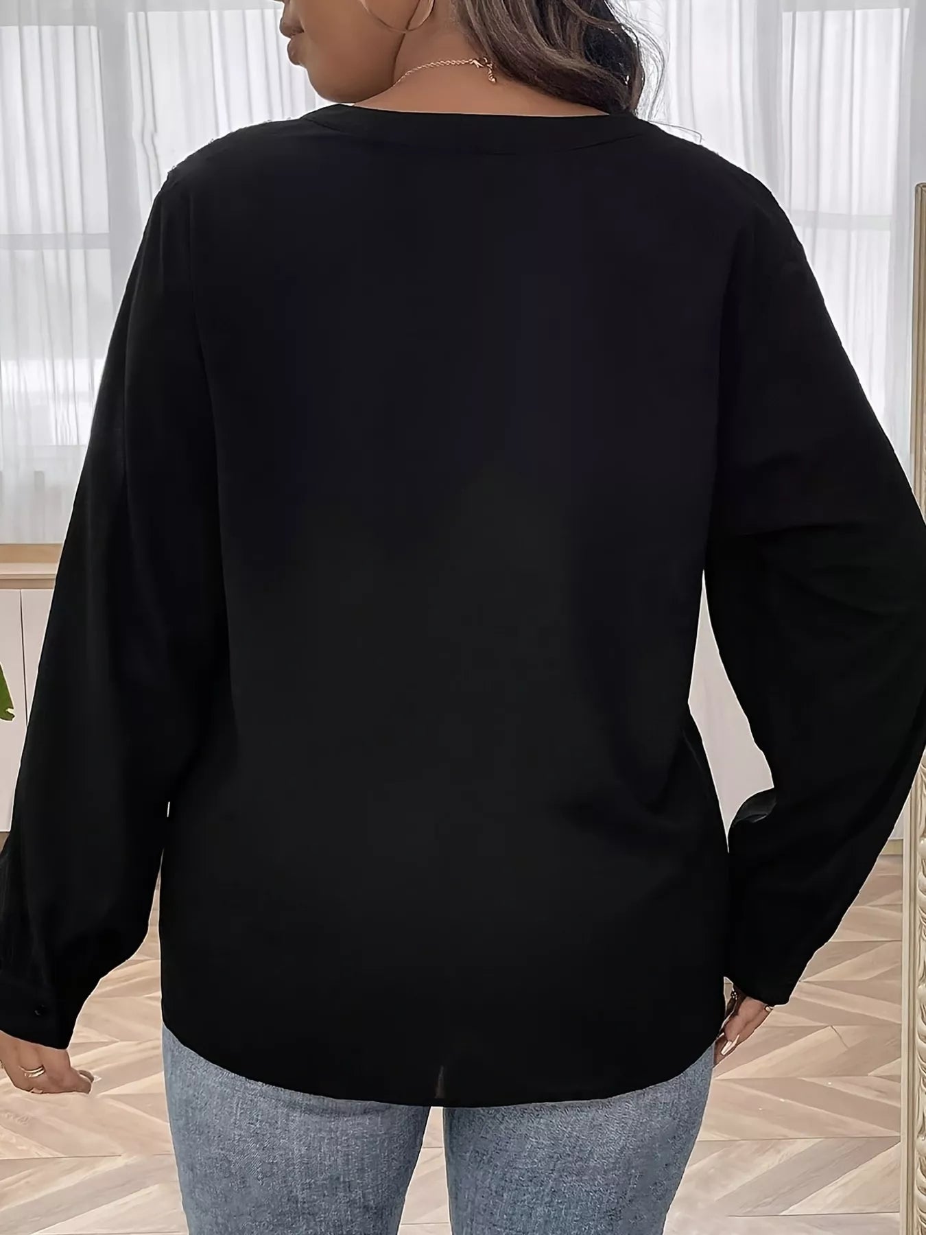 Sequin Trim Notched Long Sleeve Blouse 5a5cb9464e19489086b1fdb718ee17af-Max-Origin