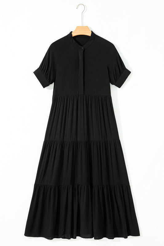Black Hidden Buttons Short Sleeve Ruffle Tiered Long Flared Dress 5a5e799db4a9b04a