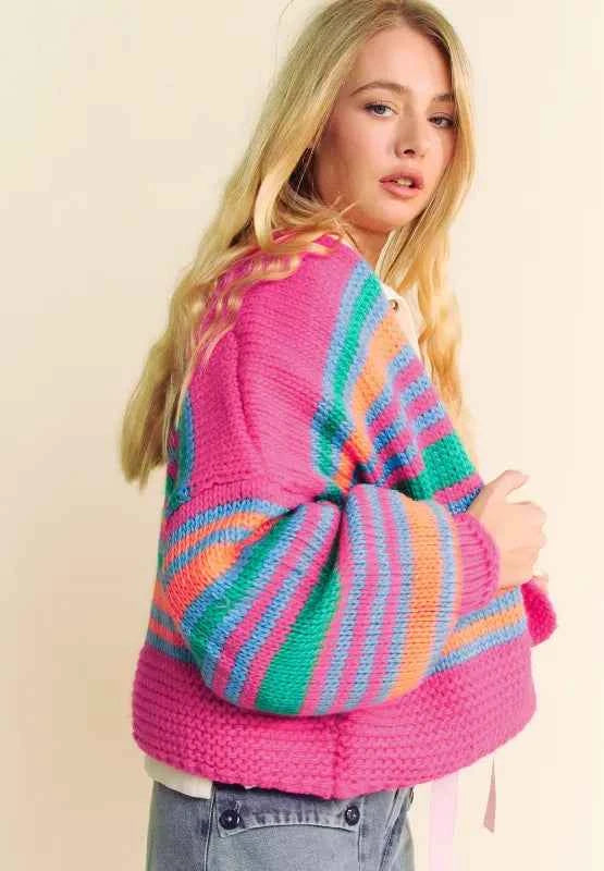 Contrast Striped Open Front Long Sleeve Cardigan 5a609a41-1a64-492b-97fe-ac474d7827f6-Max