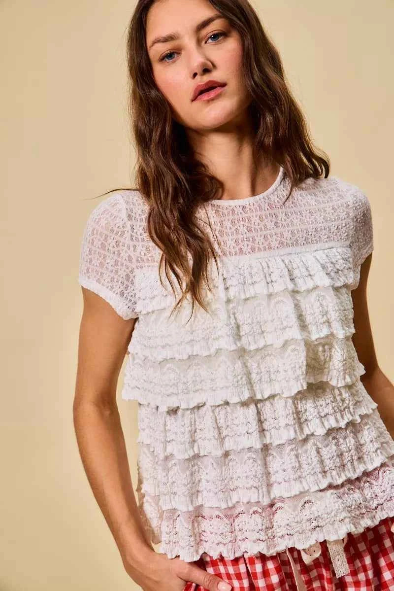 SO ME Ruffle Tiered Stretch Lace Short Sleeves Knit Top 5a63cadbe700439fa917b49ffd687433-Max-Origin