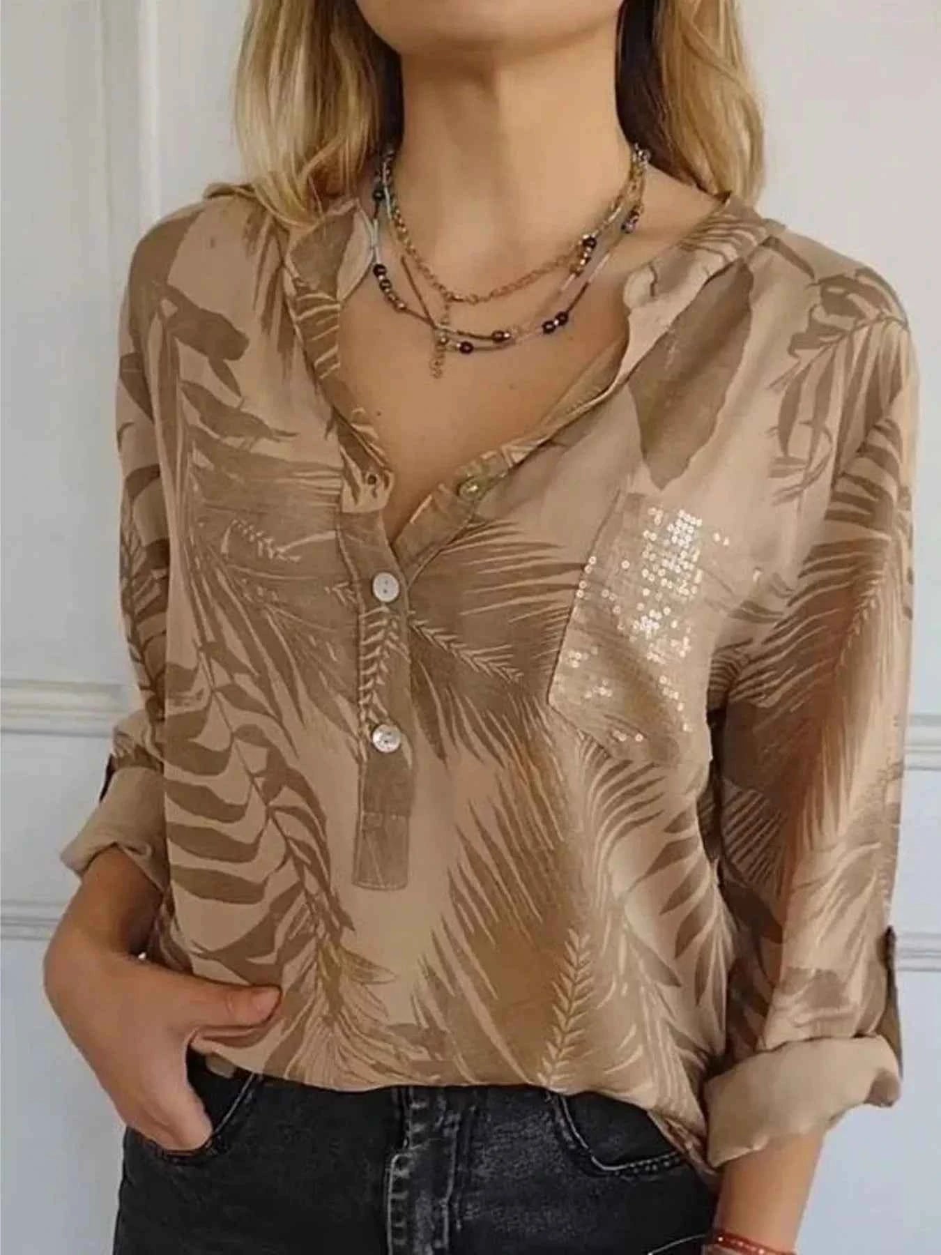 Full Size Printed Button Detail Long Sleeve Blouse Plus Size Brown 5a674b9430864d5d9c327c153e7288fb-Max-Origin