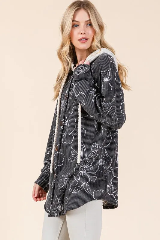 BOMBOM Drawstring Flower Print Button Up Shacket 5a6991b0-c44f-4afe-8c08-98f11f58de0e-Max