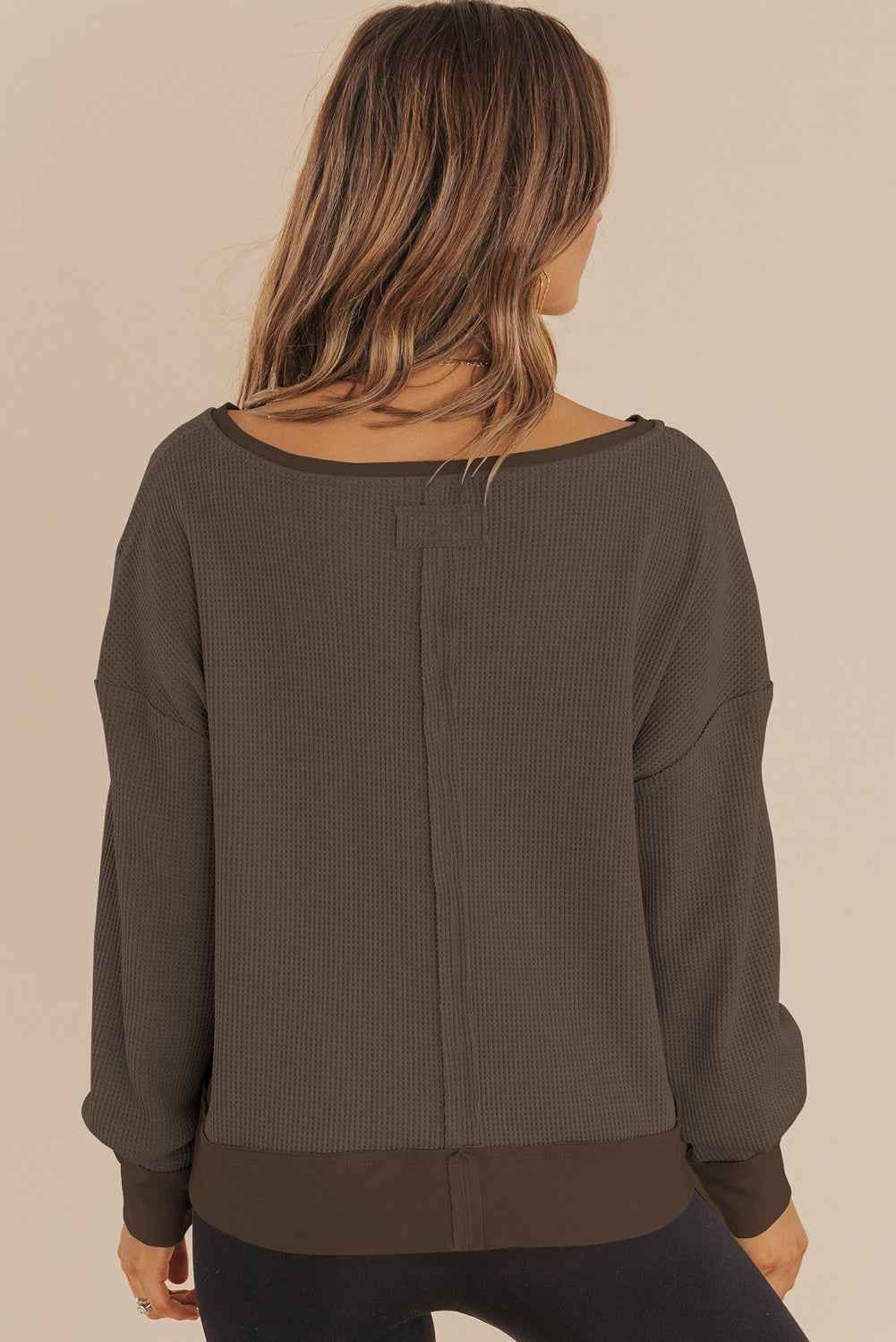 Dark Brown Waffle Knit Notched V Neck Drop Shoulder Solid Sweatshirt 5a70871cba3d21b3