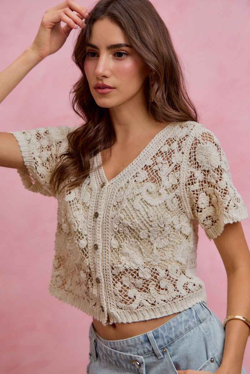 SO ME Floral Crochet Lace Button Down Cardigan 5a73be5842494124a7f30d9754fe90b2-Max
