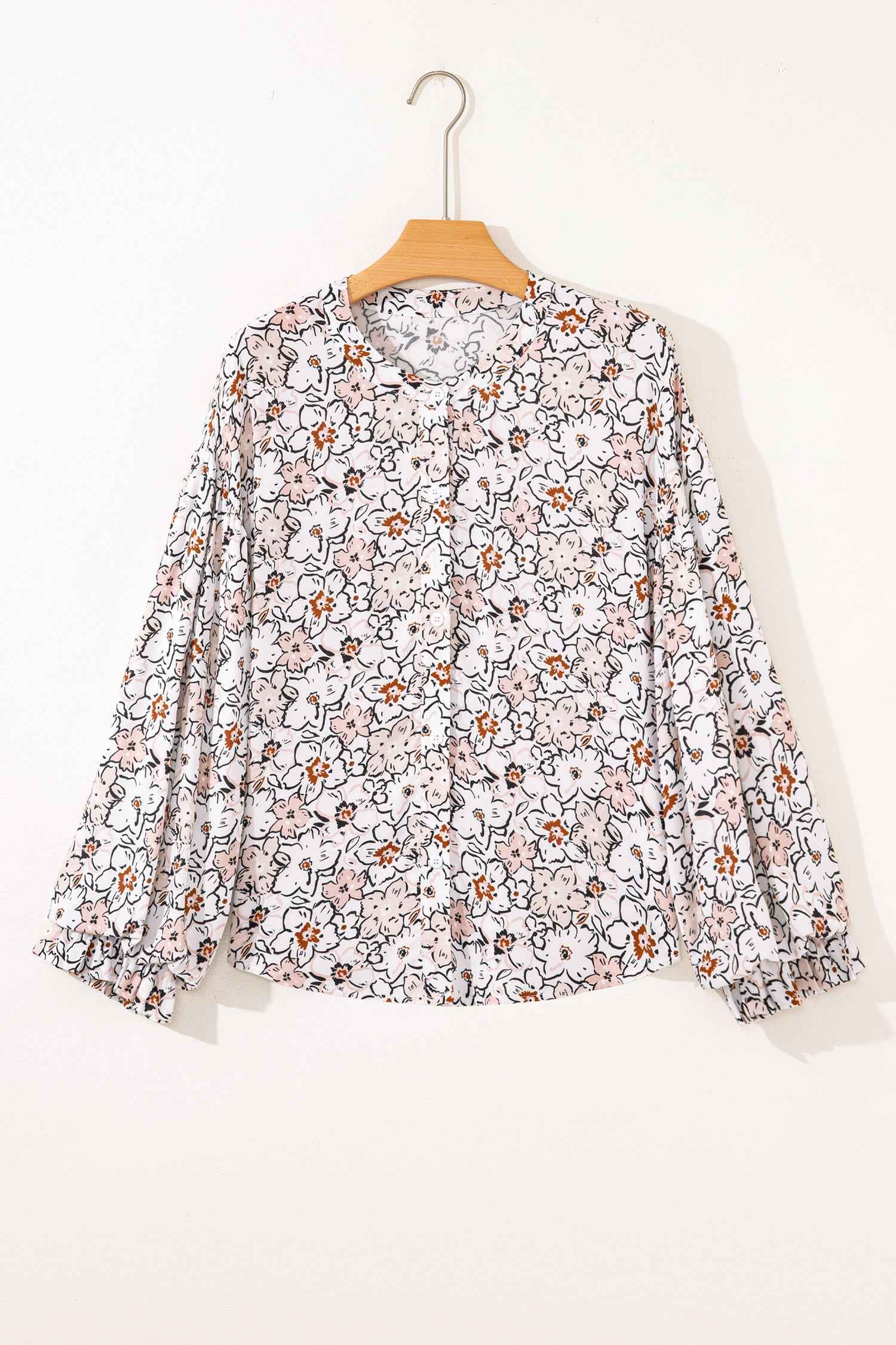 Khaki Bold Floral Print Frilled Puff Sleeve Button Down Shirt 5a7a248524b255af
