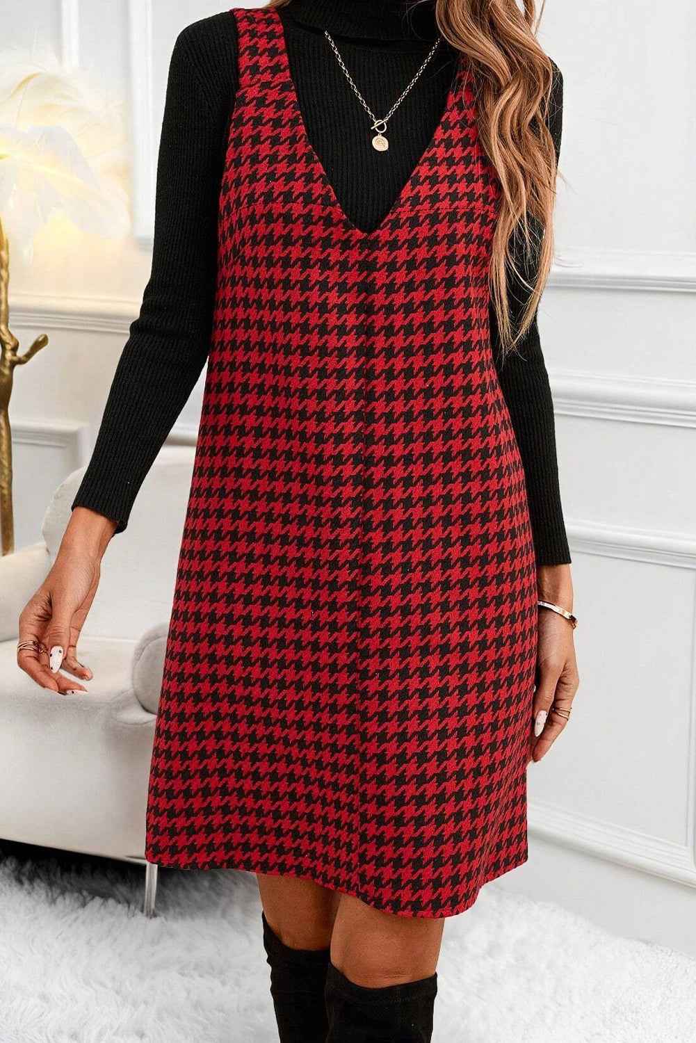Red Houndstooth Print V Neck Sleeveless Mini Dress 5a7ade1713356489