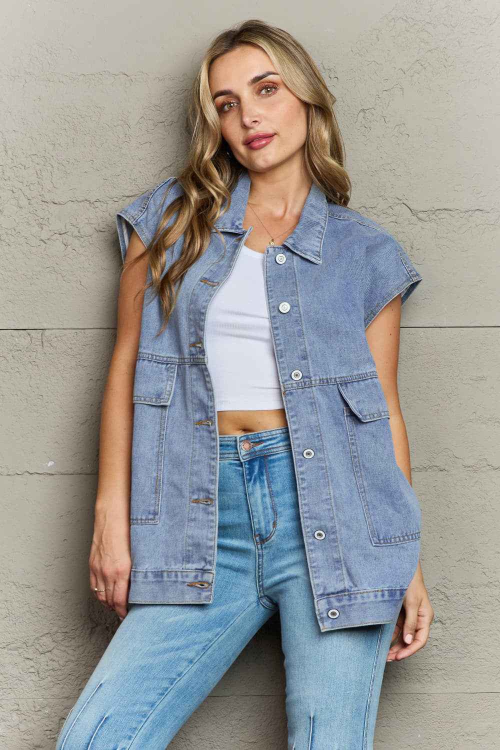 Collared Neck Sleeveless Denim Top with Pockets Light 5a7de70d2c34442c872d541965b48dec-Max