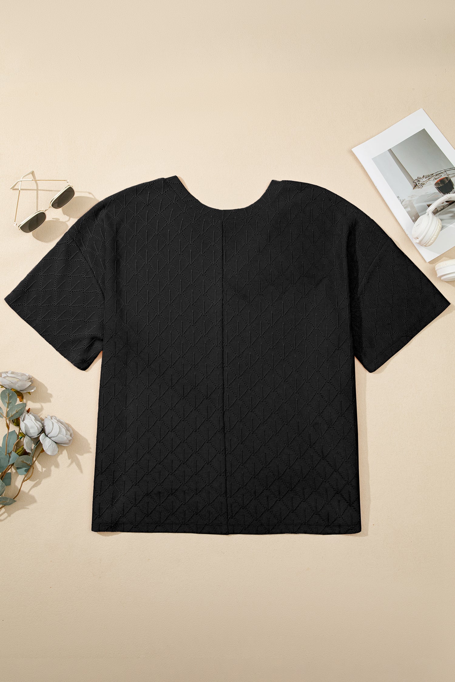 Black Pointelle Rhombus Knit Plus Size V Neck Loose Top 5a81b1d2c83b3232