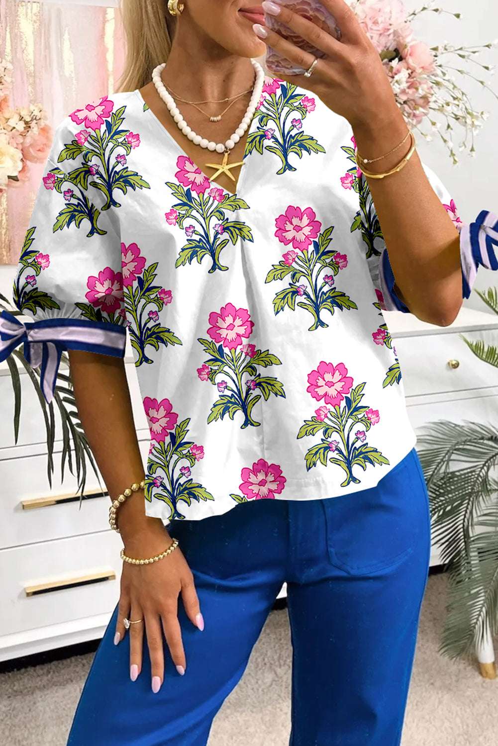 White Floral Print Knot Bubble Sleeve V Neck Blouse White 5a8dda3d8849f3a3-_1