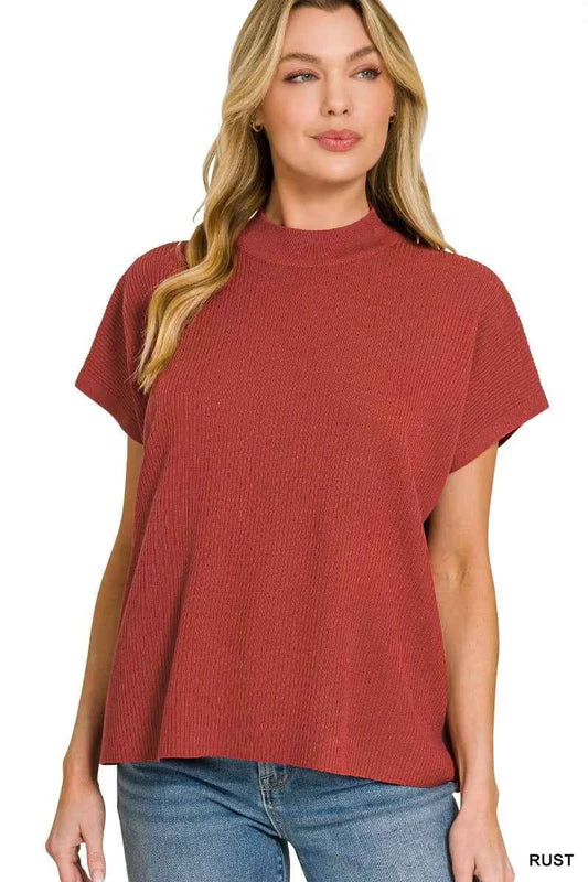 Zenana Viscose Mock Neck Short Sleeve Boxy Sweater RUST 5a8e75d117c640bca17a8101a7b86077-Max-Origin
