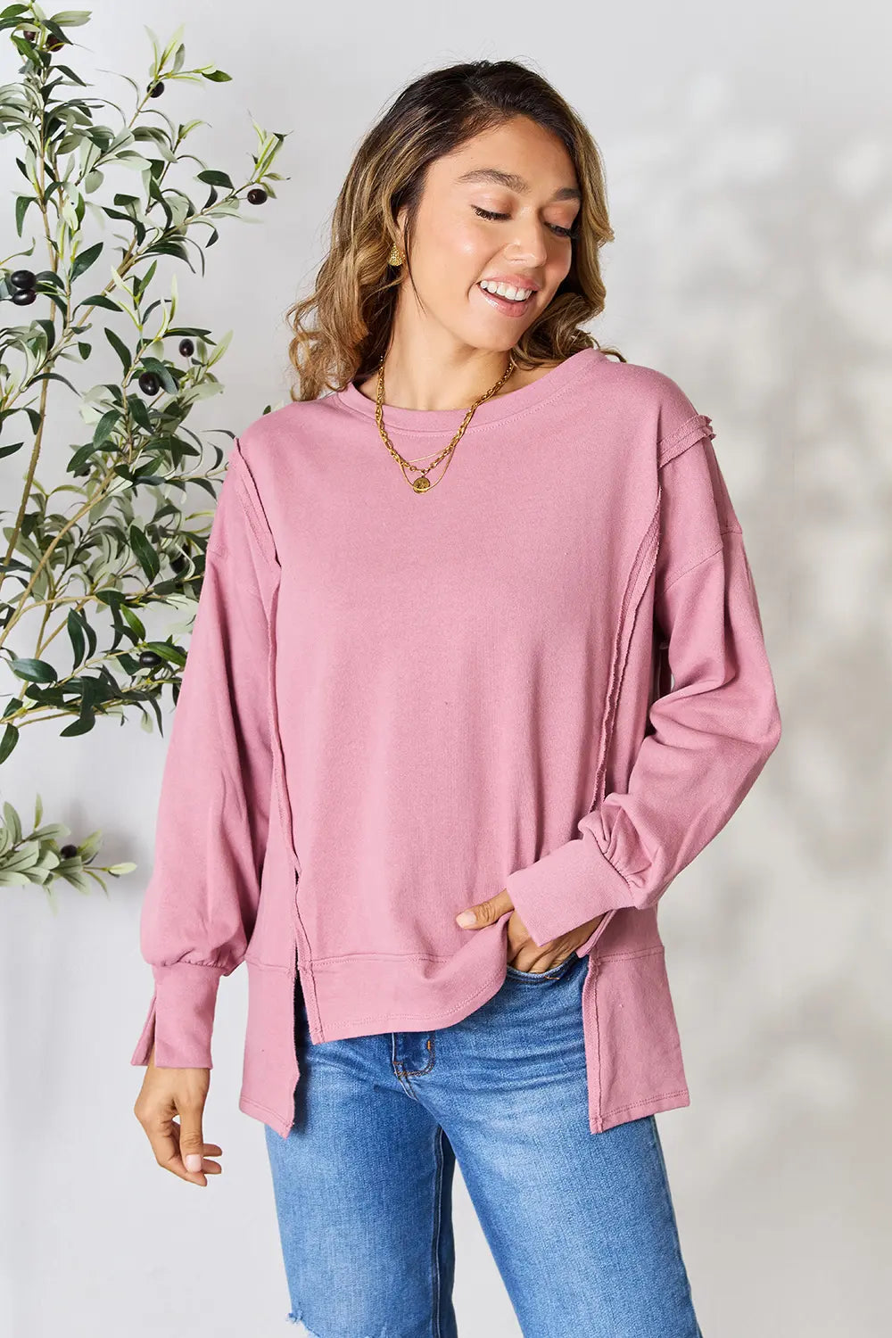 Culture Code Full Size Round Neck Exposed Seam Slit Top 5a8f4896116b4e48a74823f69df54c1c-Max