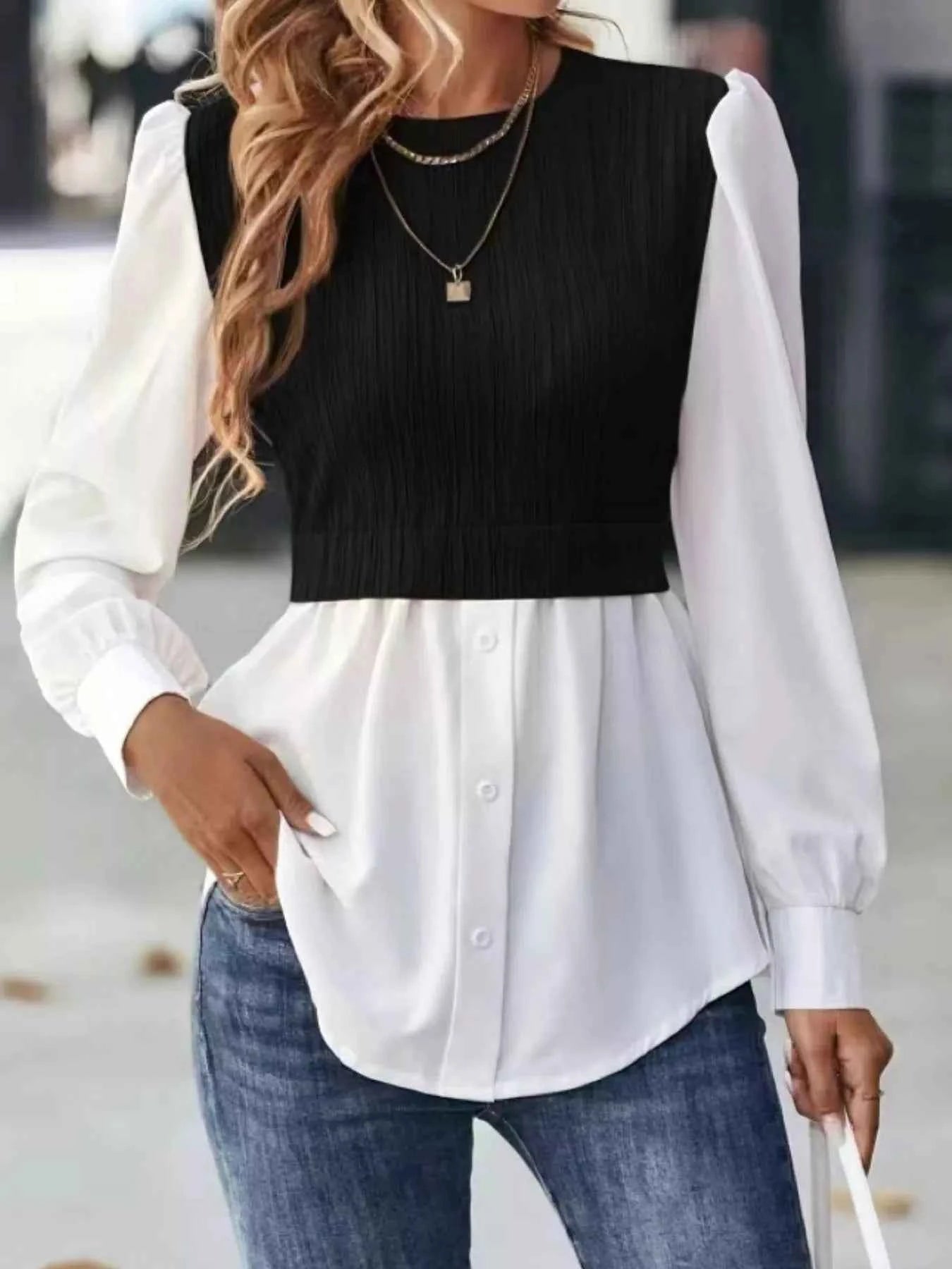 Color Block Long Sleeve Blouse Black 5a90ffcb-6f6d-4f3e-b04f-6b904a9d29d2-Max-Origin