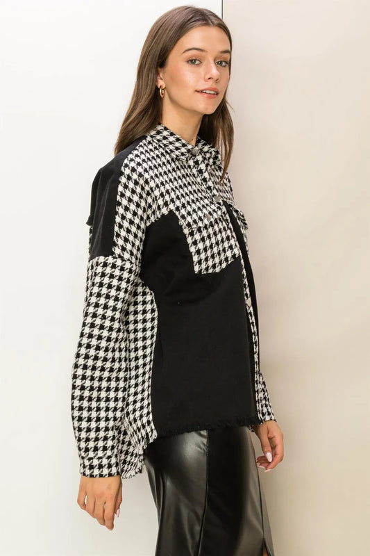 HYFVE Houndstooth Contrast Raw Hem Jacket 5a97fb6a-1cf2-4ccb-a07a-de242a1804e0-Max