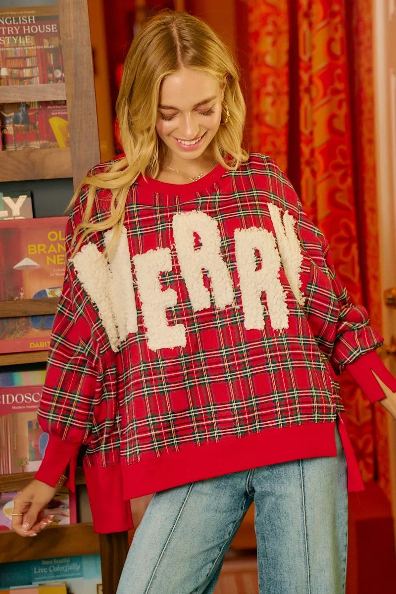 BiBi Merry Letter Patches Christmas Plaid Sweatshirt 5a98be63d8874fa39fb250d50c5873da-Max-Origin