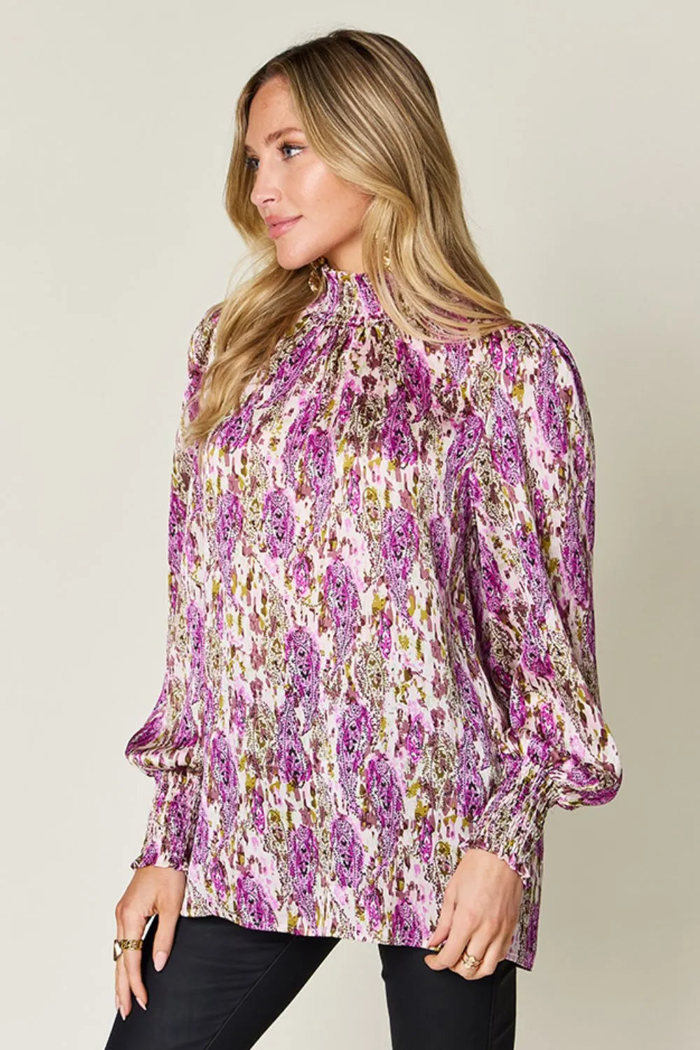 Double Take Full Size Printed Smocked Long Sleeve Blouse 5aa064dc-3ac1-4d5c-be3b-3a0be18f3727-Max