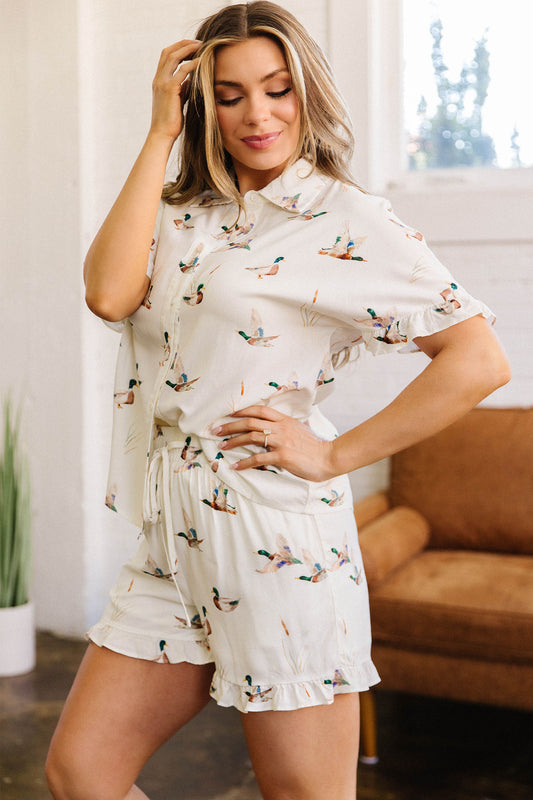 Beige Mallard Print Shirt Style Short Two Piece Set 5aa3dfba271b969e