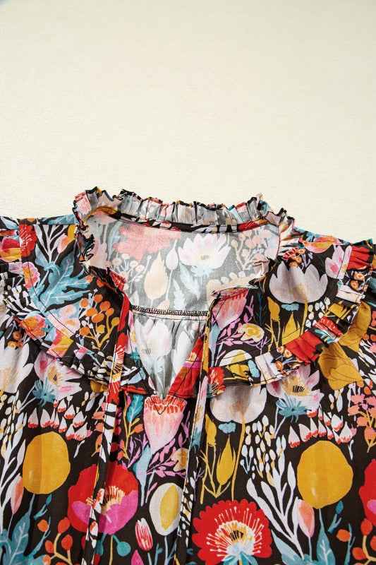 Floral 3/4 Puff Sleeve Tied Neck Blouse 5aa43911-98ca-4157-95e3-3b6552de4ea3