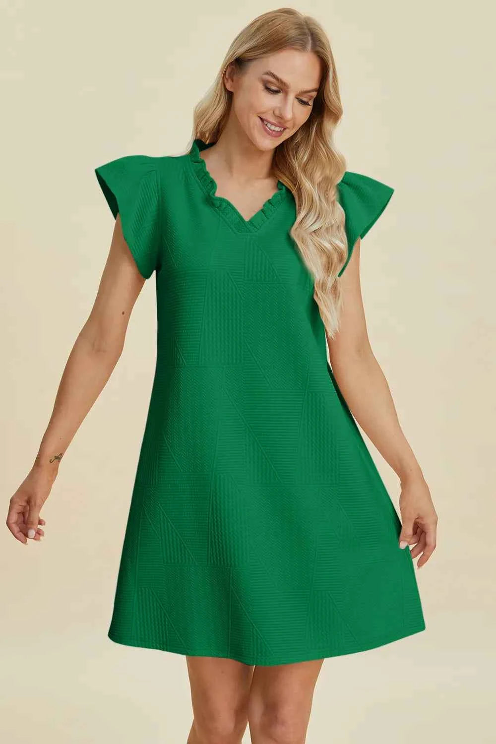 Double Take Full Size Ruffled V-Neck Cap Sleeve Dress 5aa4d7c7-b1b2-48fb-97a4-27847e0927f3-Max