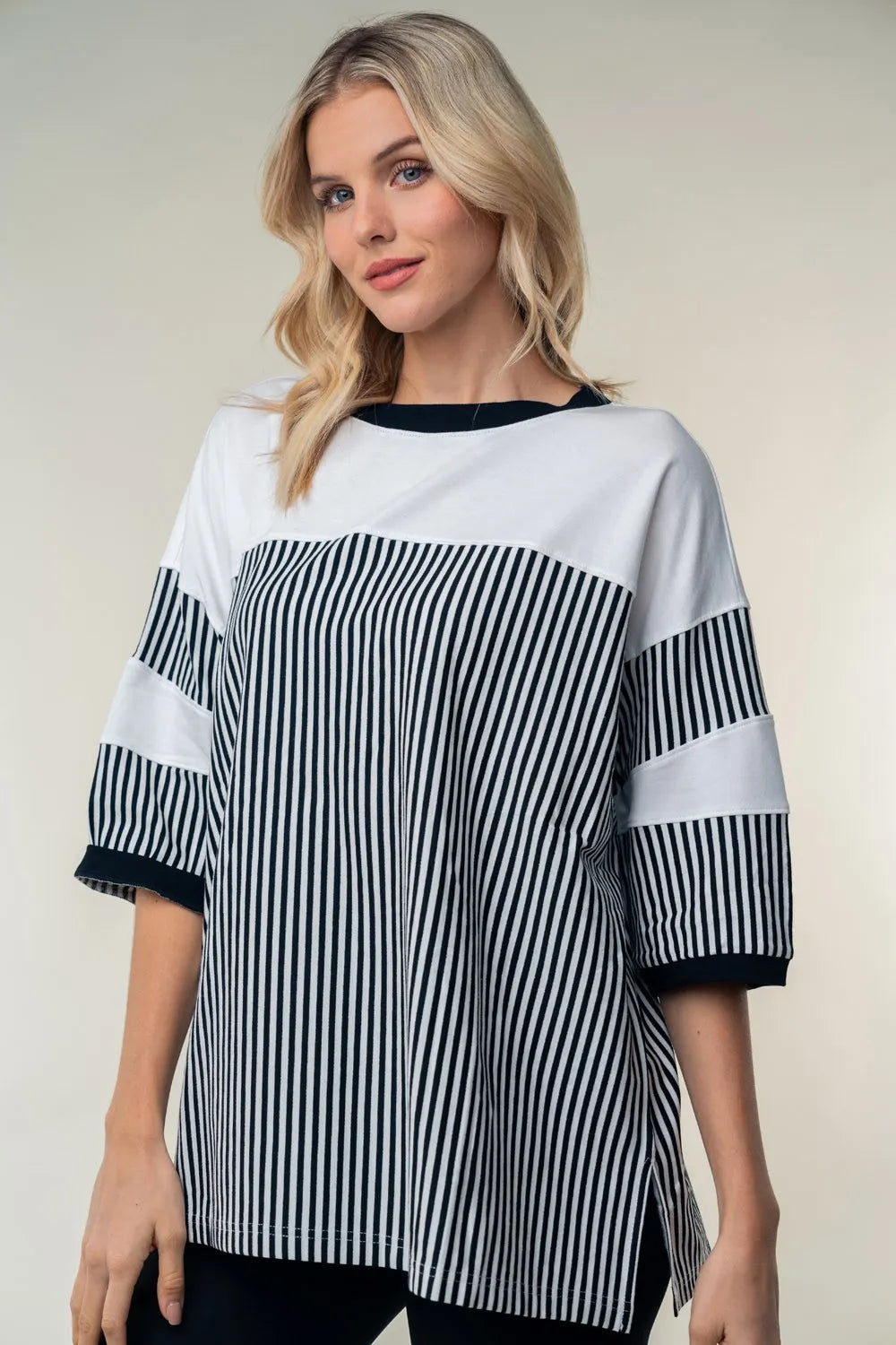 White Birch Full Size Striped Contrast Round Neck Top 5aa9b8d3-8fc3-4c5c-81a1-806c4ba1ccfa-Max