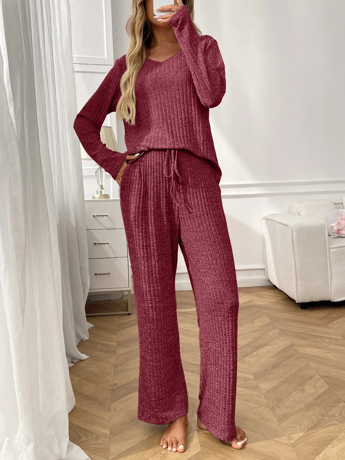 Ribbed Long Sleeve Top and Pants Lounge Set 5aab175683d74042a8532093181f8654-Max-Origin
