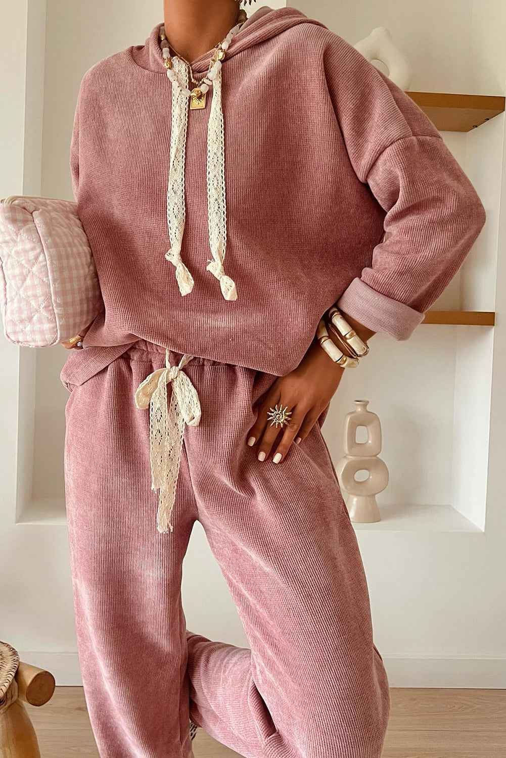 Jet Stream Drawstring Pullover Hoodie and High Waist Pants Corduroy Suit Rose Tan 42.5%Polyester+40%Viscose+16%Polyamide+1.5%Elastane 5aadb45af0451053