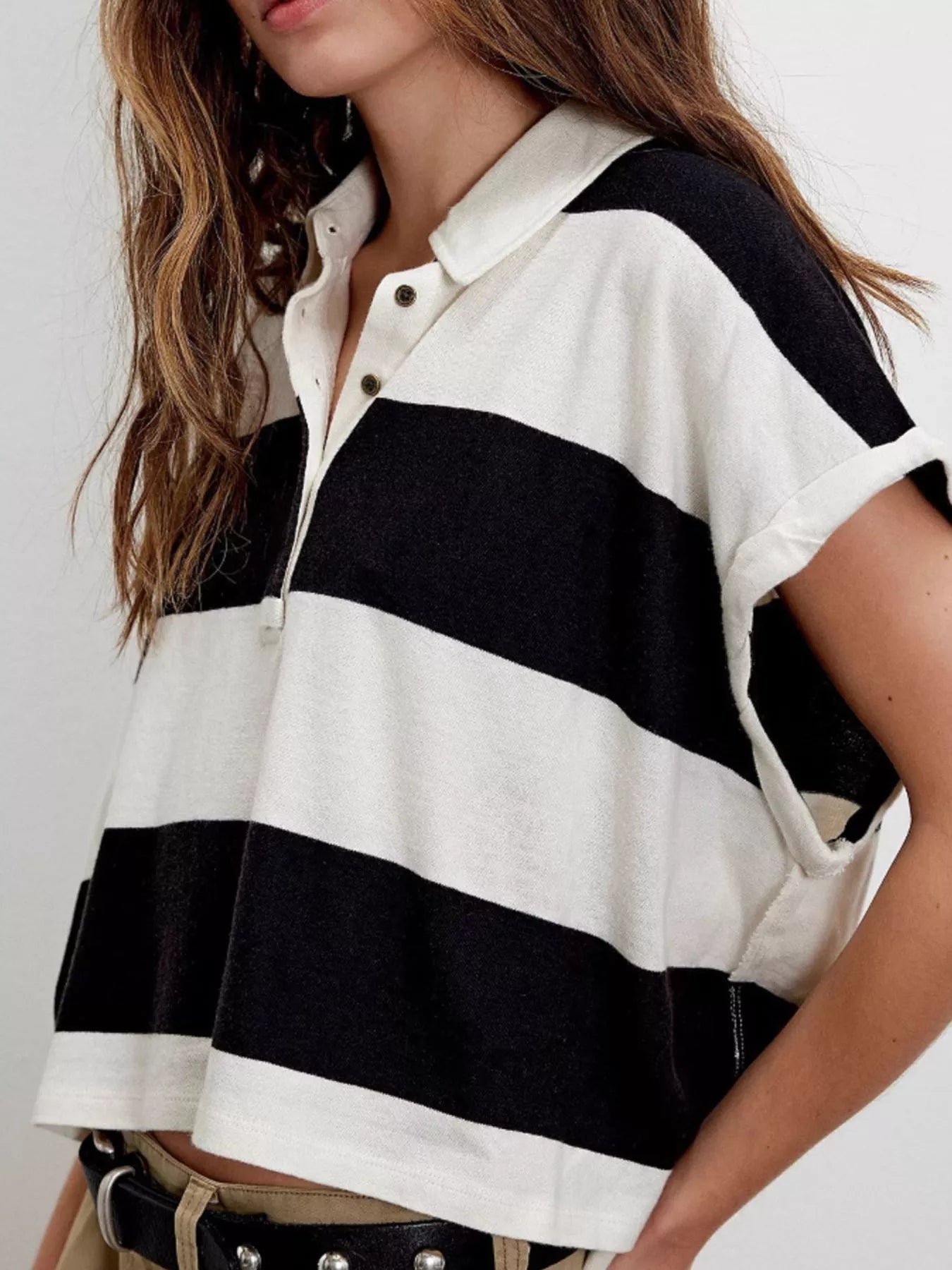 Half Button Striped Short Sleeve Cropped Polo Shirt Black 5ab4680c-d530-4d67-b098-c556f9cc1fb5-Max-Origin