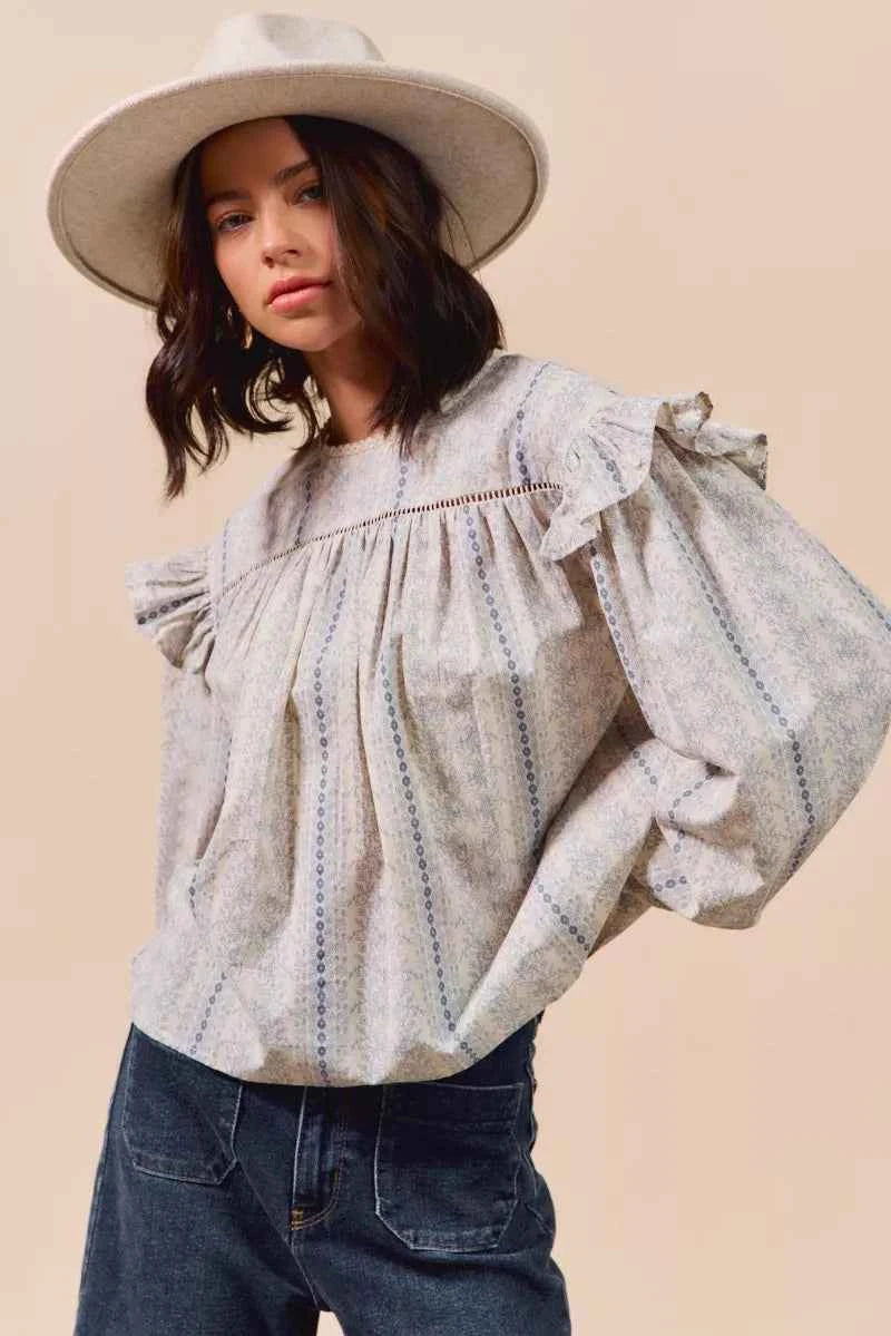 SO ME Floral Cotton Print Ruffled Long Sleeve Blouse 5ab8b794abd348e5afcc5c3fe86195f8-Max-Origin