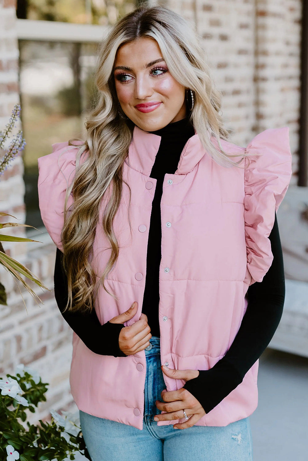 Pink Stand Neck Flutter Sleeve Snap Button Puffer Vest 5ab9974f6c9d51f2