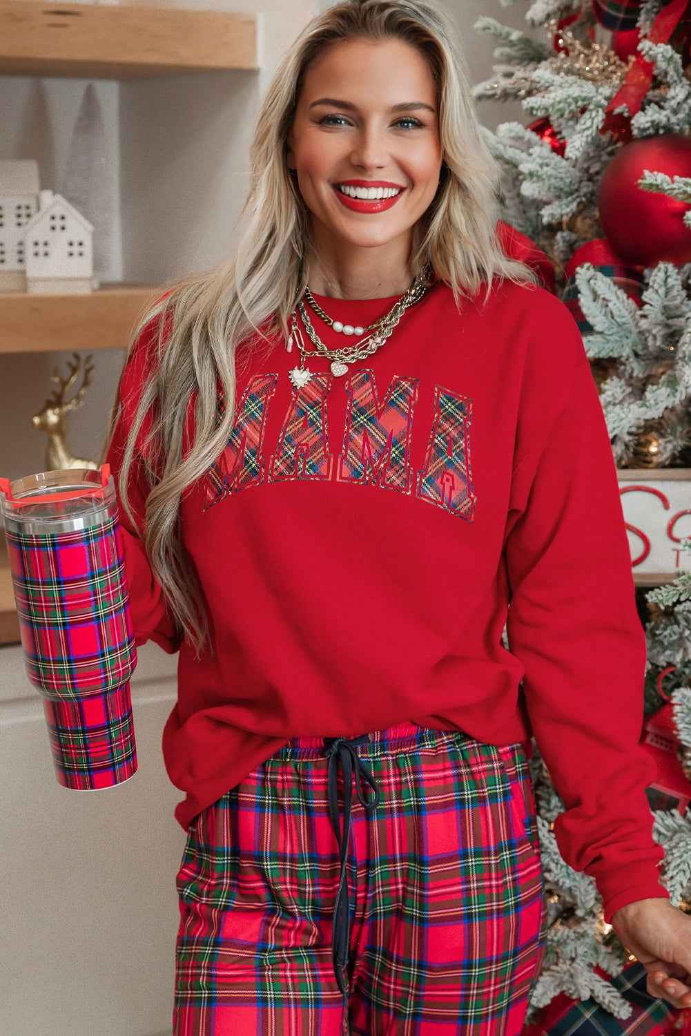 Red Plaid MAMA Graphic Christmas Holiday Crewneck Pullover and Pants Lounge Set 5ab9c7ea1153a0cc