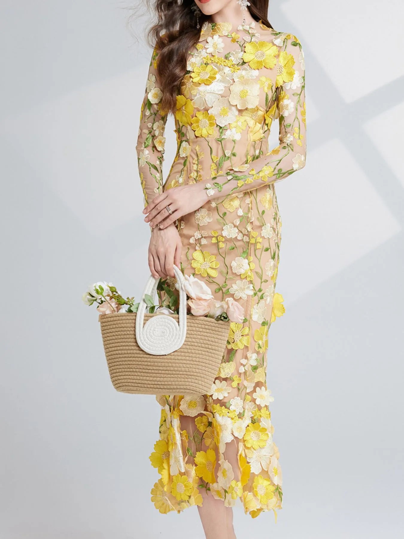Floral Embroidered Mesh Long Sleeve Midi Dress Yellow 5aba07be-bea7-4821-ab24-c542a4f9562c-Max-Origin