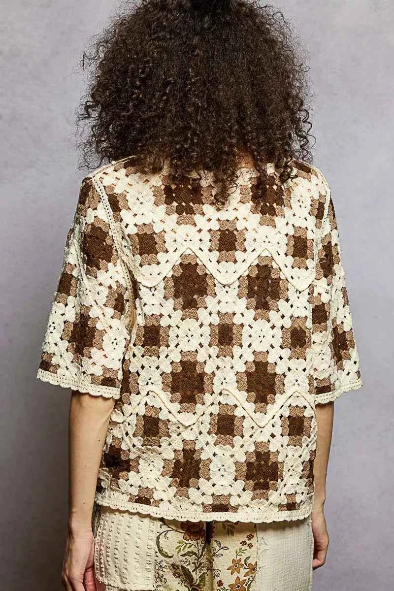 Round Neck Short Sleeve Color Pattern Crochet Top with Border Accents 5abed507-36cb-4fc9-a380-c7e81cb4bd1d-Max-Origin