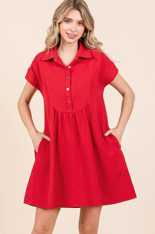 Twill Short Sleeve Collared Mini Dress 5abfc9f7fa0345d6b95a155501caa99e-Max-Origin